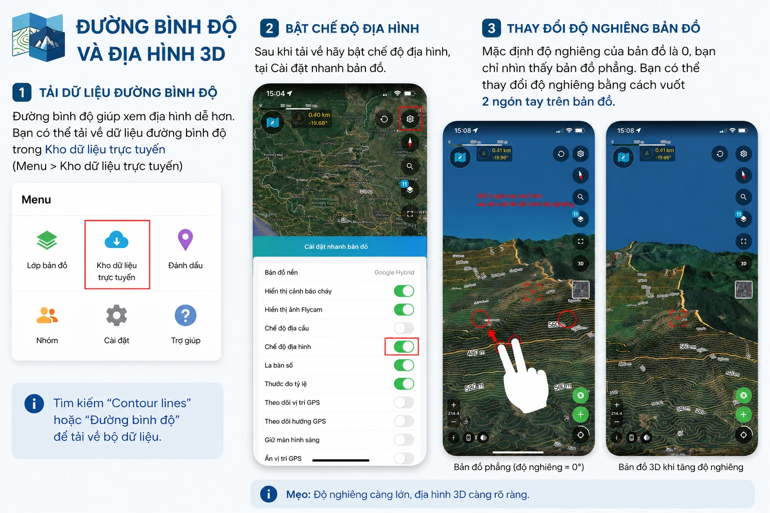 Đường bình độ và địa hình 3D trong Geocollect